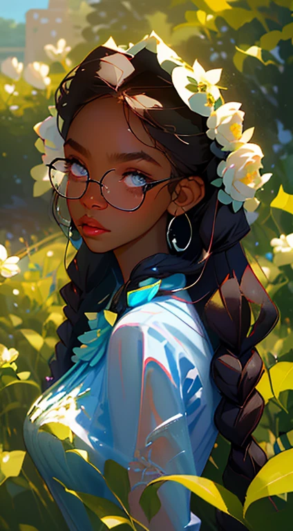 beautiful young woman, 2 long braids, thick bangs, dark hair, a lot of make-up, detailed eyes, detailed hair, detailed face, wearing round glasses, dark skin, portrait. face shot, long head, big nose, big lips, ebony skin, mischievous, blue eyes, wearing a cute blue tea party dress and a cute bonnet with blue roses, full body view, slim girl, 16 years old, background is a botanical garden full of flowers, herbs, plants and butterflies, (natural skin textures、Hyper-Realism、Soft light、sharp)
