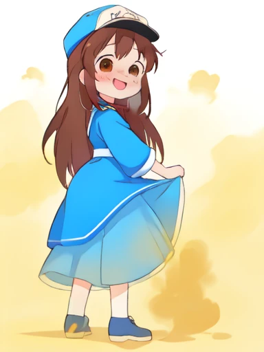 1 girl、Platelets、8K、must-have、anime、fart、shyness、blush、a lot of gas、Gas comes out of the butt、animeチック、full body photo、、White cap、brown hair、long hair、Kindergarteners、blue clothes with top and bottom connected、Blue skirt、Are standing、Satisfied smile、open your mouth、brown eyes、dynamic pose、