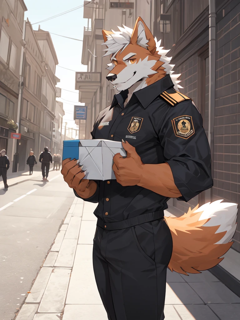 1man, Correct body structure, Correct finger structure, Correct pupil structure, single person, ((orange fur)), wolf, red and black delivery person uniform, white hair, smile, brown pupils, wolf tail, strong, on the streets