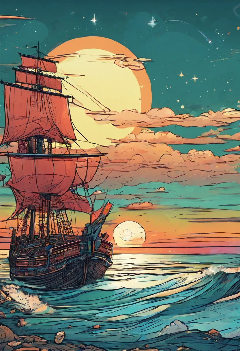 view of space, Sunset at the seaside with a Chinese junk