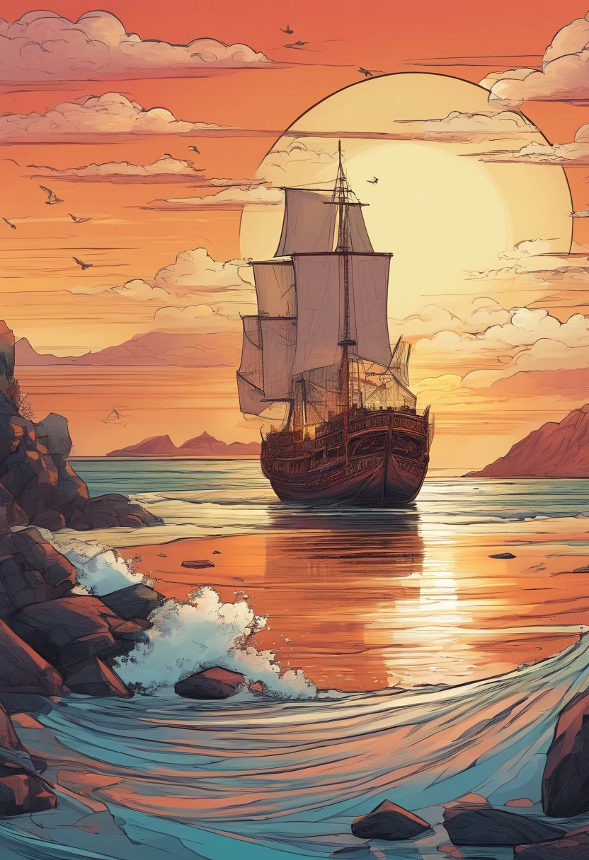 view of space, Sunset at the seaside with a Chinese junk