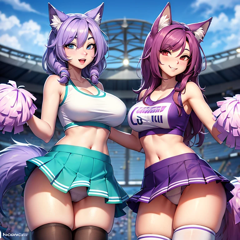 (anthro furry:1.3, snout:1.2, anthro:1.3, furry:1.2),(((female Wolf ))),((((subdued Lavender color skin)))),body fur,solo, fluffly, furry, (average breasts), (curvy), cheerleader,HD,sharp,beautiful and detailed, ((long purple hair)),(((ojou curls))),leg up,(white sleeveless cheerleading shirt:1.4),(White panties visible through the skirt),(teal cheerleading miniskirt:1.2), accurate tail, slight blush,milf,mature, cool evil smile with open mouth,soccer stadium background, masterpiece, (by dr comet),by pochincoff,well proportion