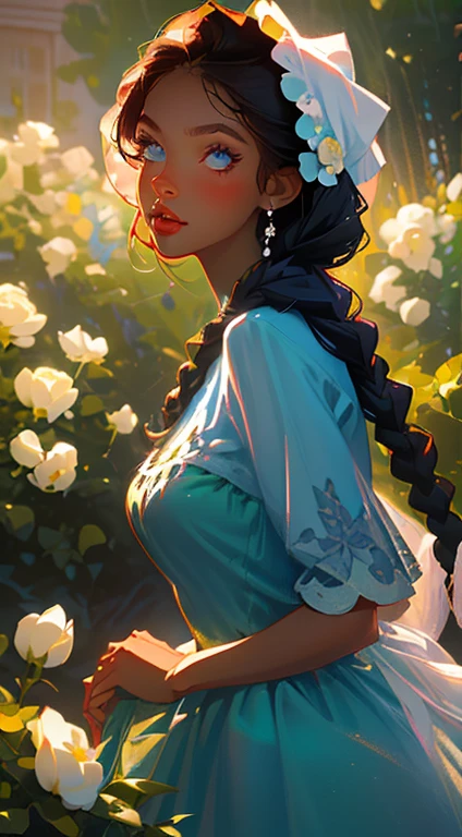 beautiful young woman, 2 long braids, thick bangs, dark hair, a lot of make-up, detailed eyes, detailed hair, detailed face, wearing round glasses, dark skin, portrait. face shot, long head, big nose, big lips, ebony skin, mischievous, blue eyes, wearing a cute blue tea party dress and a cute bonnet with blue roses, full body view, slim girl, , background is a botanical garden full of flowers, herbs, plants and butterflies, (natural skin textures、Hyper-Realism、Soft light、sharp)