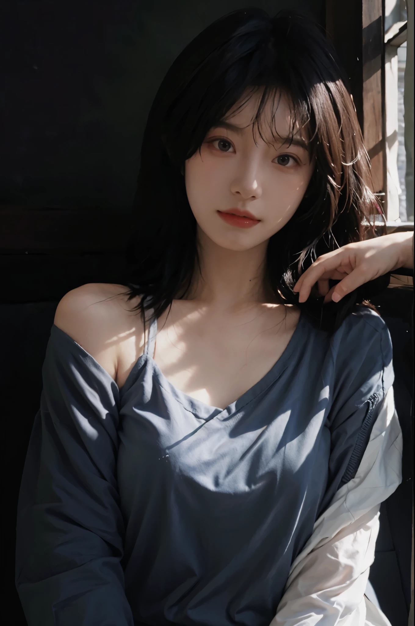 (realistic :1.5), official art, Unity 8k quality, Super details, Fine skin details, (angle), Texture, light, masterpiece, best picture quality,1 girl,giggle,curls,big eyes,Shoulder,in the darkness,deep shadow,clp style,backlight, rim light, national foundation,Mix 4,hanfu,real