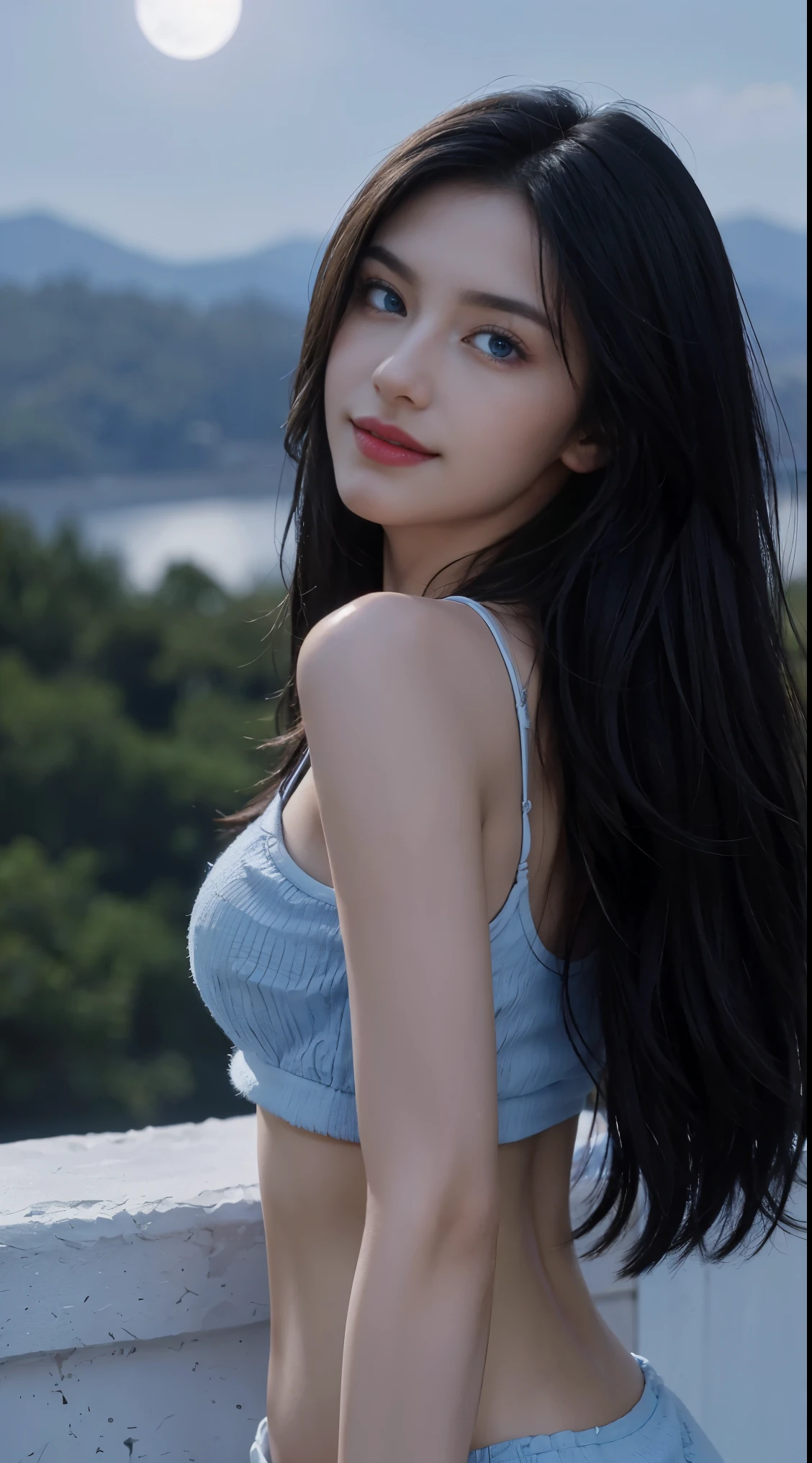 8K, Top Quality, Intricate Details, Ultra Detail, Ultra High Resolution, Masterpiece, random angle, Slender, Smile, (Makeup: 0.4), (Fluffy Blue Eyes: 1.21), blue Eyes, looking at viewer, ((full body)), 1girl, solo, 1 girl, (( full body)), close up shot, , ((tall)), (((fit body))), (((slim face))), sharp face, sharp eyes, (((black hair, long hair, )) , (detailed face), sharp face, small lips, windy ,
(( )), (crop top)), detailed face, detailed breast, , large breast, detail ass, , Beautiful girl with accentuated slender abs: 1.4, Six Pack Abs: 1.4, Bust Botox, Big, Perfect Body, detail leg, (( moonlight)), top of mountain
