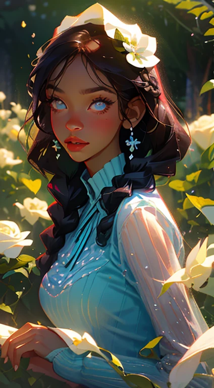 beautiful young woman, 2 long braids, thick bangs, dark hair, a lot of make-up, detailed eyes, detailed hair, detailed face, wearing round glasses, dark skin, portrait. face shot, long head, big nose, big lips, ebony skin, mischievous, blue eyes, wearing a cute blue tea party dress and a cute bonnet with blue roses, full body view, slim girl, , background is a botanical garden full of flowers, herbs, plants and butterflies, (natural skin textures、Hyper-Realism、Soft light、sharp)