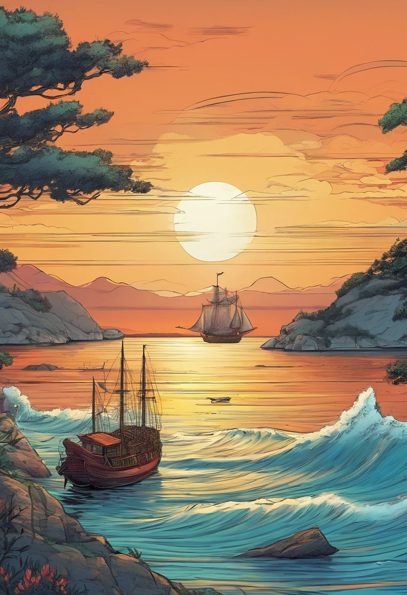 view of space, Sunset at the seaside with a Chinese junk