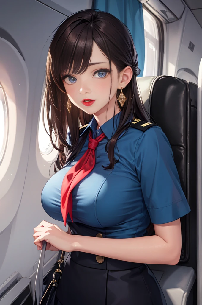 master piece,Best Quality,highest quality,Ultra-detailed,ultra high resolution,extremely detailed CG unity 8k wallpaper,Illustration,Detailed skin,Shiny skin,Realistic,Beautiful detailed eyes,Perfect Anatomy, gleaming skin,oily skin,1girl in,Solo,
large pointy breast, cabin attendant uniform,flight attendant uniform,light blue blouse,dark blue slit tight skirt,red neckerchief,earrings,high heels,stockings,middle hair,half updo,dark brown hair,red lips,
(((Upper body))),