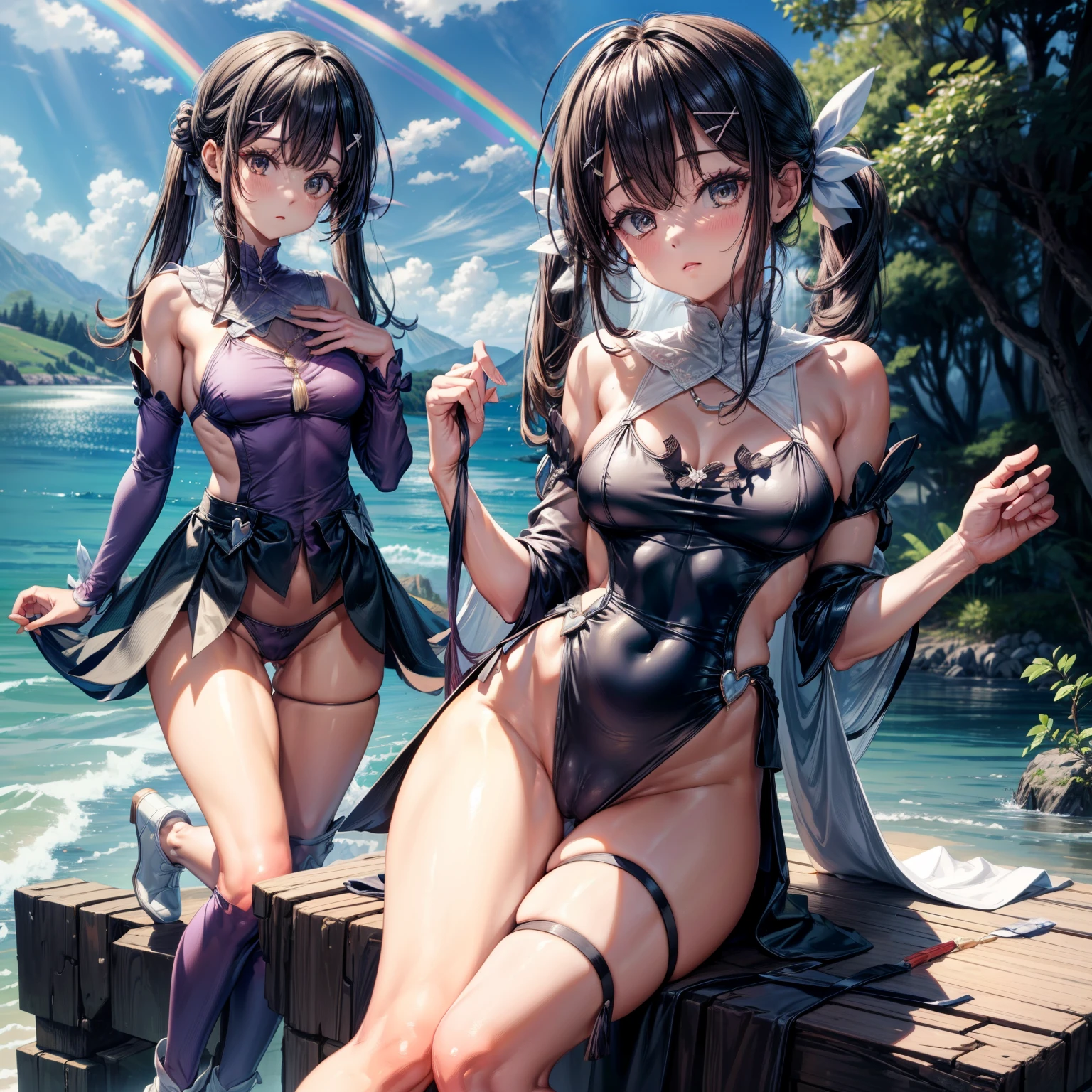 (8K ,Ultra-detailed,Best masterpiece,Nature,perfect work of art,perfect female body),two women,Sister and sister, sisters,rainbow hair,perfect face,(huge tits),neighbor wife,woman hairstyle,elegant wife,on the cliff,delicate and revealing ,Wearing a magical girl dress,Off-shoulder low-neck magical girl dress,super short thong,Wearing a low-cut police uniform,T-shaped small,huge big,naked leg,full body shot,elastic muscles,raised raised raised,Obscenity exposed