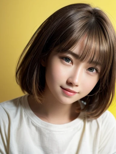 masterpiece, highest quality, 8K, disorganized, (Upper body:1.4), white shirt, beautiful girl, cute face, looking at the viewer, smile, surreal, High resolution, photograph, film grain, chromatic aberration, sharp focus, HDR, face light, dynamic lighting, cinematic lighting, professional shadow, simple background, (dull yellow background:1.4), most detailed, very detailed, Super detailed, finely, real skin, delicate features, detailed face and eyes, sharp pupils, realistic student