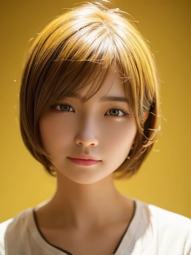 masterpiece, highest quality, 8K, disorganized, (Upper body:1.4), white shirt, beautiful girl, cute face, looking at the viewer, smile, surreal, High resolution, photograph, film grain, chromatic aberration, sharp focus, HDR, face light, dynamic lighting, cinematic lighting, professional shadow, simple background, (dull yellow background:1.4), most detailed, very detailed, Super detailed, finely, real skin, delicate features, detailed face and eyes, sharp pupils, realistic student