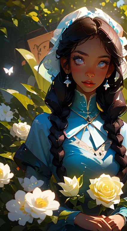 beautiful young woman, 2 long braids, thick bangs, dark hair, a lot of make-up, detailed eyes, detailed hair, detailed face, wearing round glasses, dark skin, portrait. face shot, long head, big nose, big lips, ebony skin, mischievous, blue eyes, wearing a cute blue tea party dress and a cute bonnet with blue roses, holding a teacup, full body view, slim girl, , background is a botanical garden full of flowers, herbs, plants and butterflies, (natural skin textures、Hyper-Realism、Soft light、sharp)