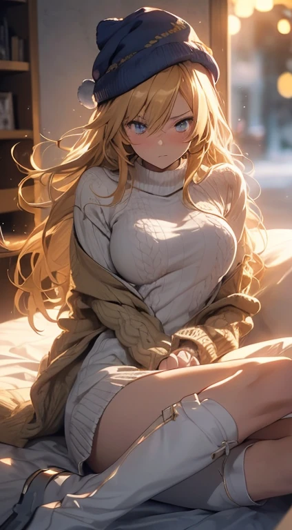 (masterpiece:1.3), (Absurd:1.3), (highest quality:1.3), The Hands of Guido Daniele, (Very detailed:1.3),(Best Shadow:0.7), (Processed Hair), One girl, alone, S1, aizawa ema, medium Breasts, (thick thighs:0.5), (pregnant:0.8), Blonde, Asymmetrical bangs, Blunt bangs, blue eyes, very oversized skin color knit sweater, sweater, no bra, black thighhighs, (no panties), cute face, panic face, embarrassed, in the bed room, on the bed, co-sleeping, open legs,