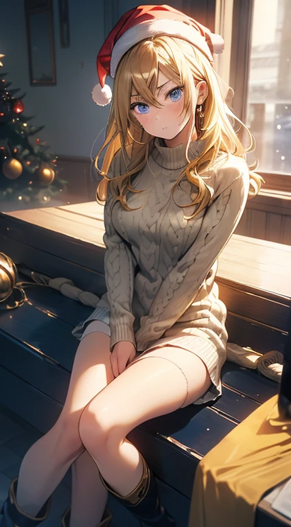 Anime style, filmgポートレート写真, 1womanl, 17-years old, full bodyesbian, large full breasts, Angry, Golden hair, Longhaire, Blue eyes, Wearing Christmas Hat,a light yellow sweater, the white stocking,the black leather boot, (Natural Skin Texture vibrant detail, hyper realisitic, (Realistic detailed eyes, Natural Skin Texture, Realistic face details), Soft dramatic lighting, depth of fields, Bokeh, vibrant detail, hyper realisitic, 35mm filmg, Hazy blur, filmg,