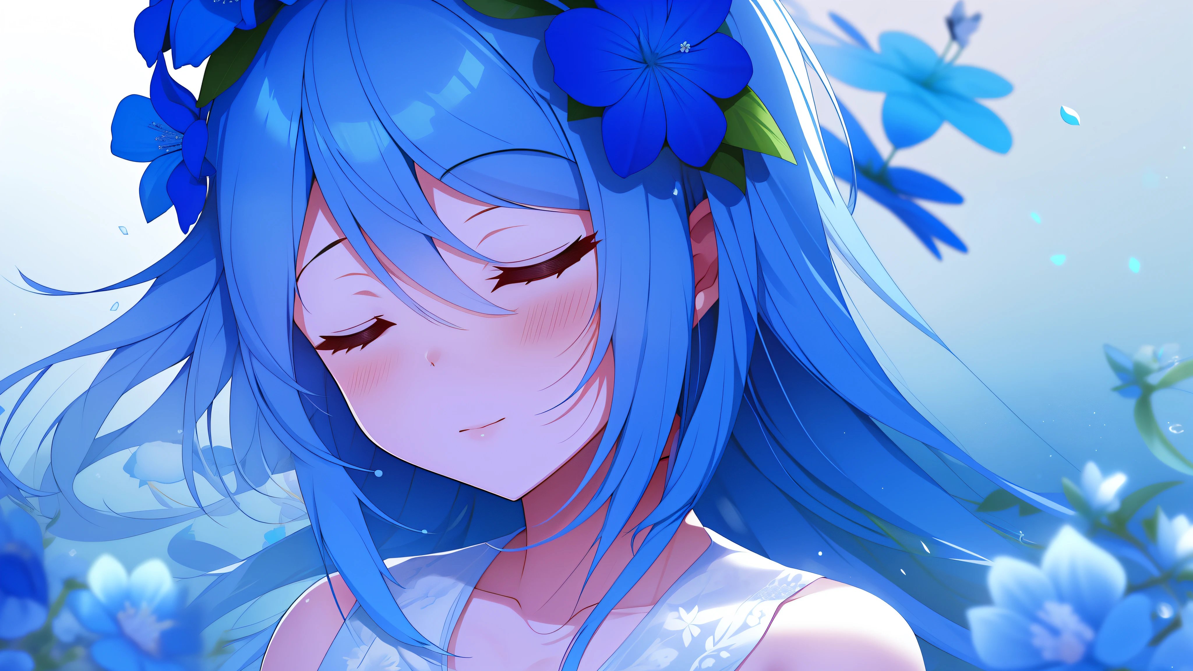 blue flower blossoms on head, cg wallpaper, a girl closed eyes, calm