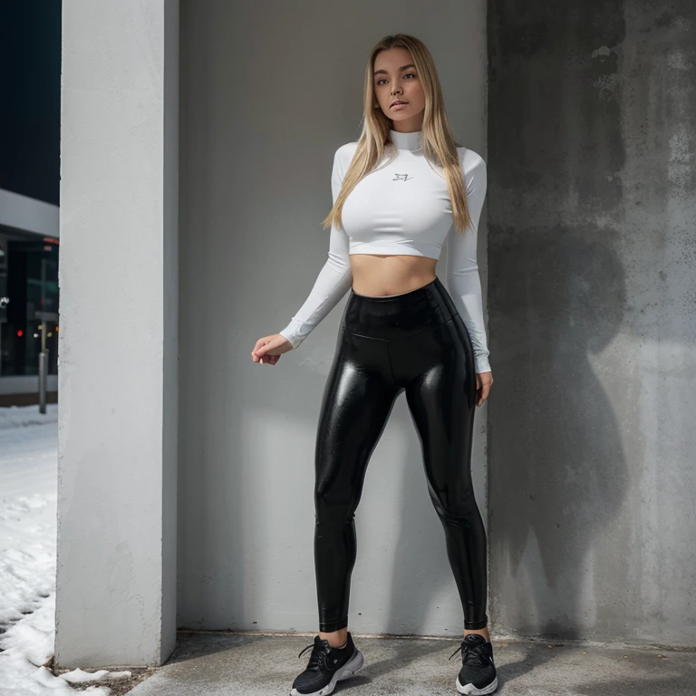 Pretty light blonde woman wearing thermo shaping leggings, schwarz Lederleggins, Full body image, leggings black matt shiny, powder white