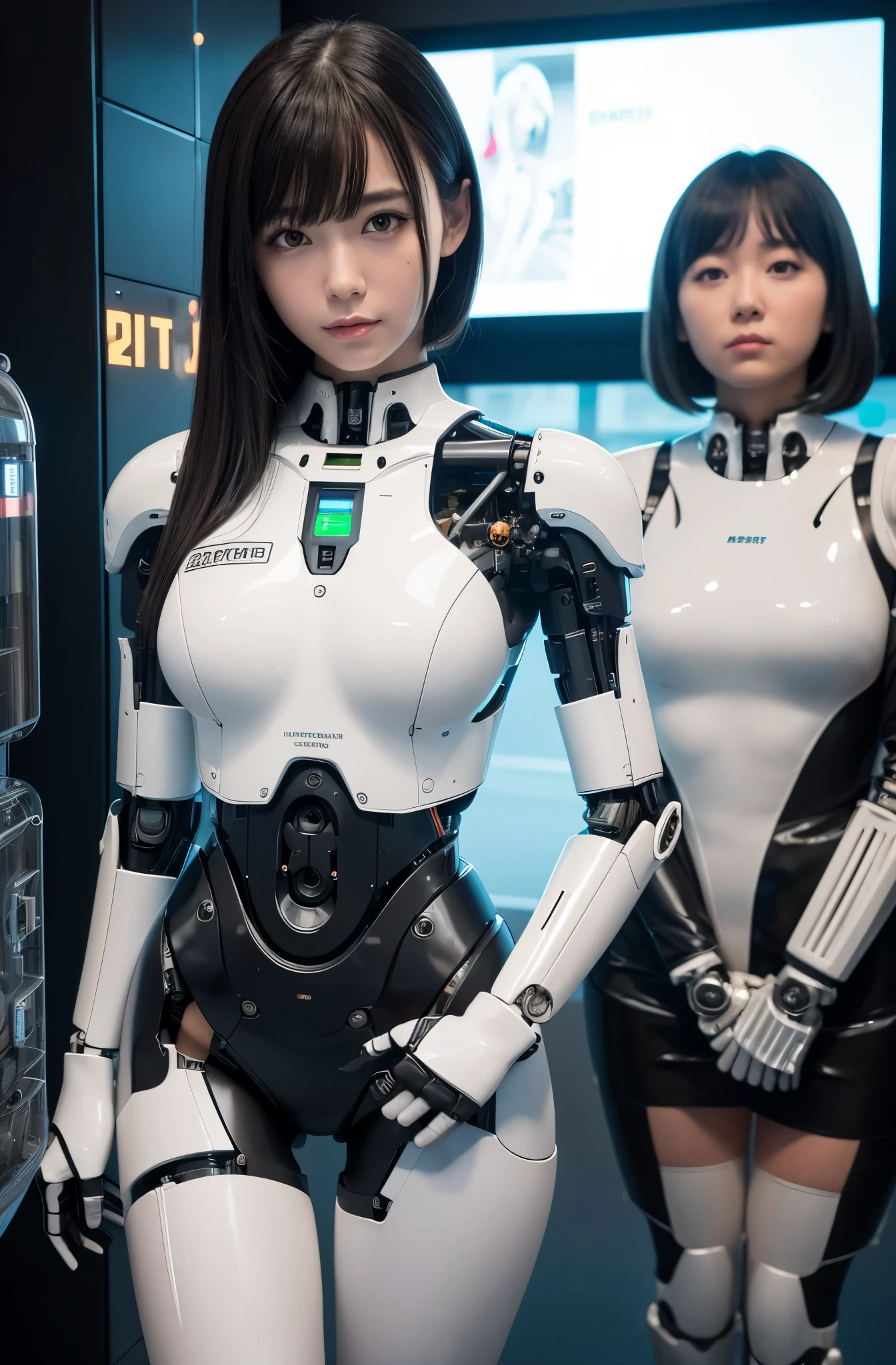 masterpiece, best quality, (photorealistic:1.4), (RAW photo)(8K, 4K, Best Quality, hight resolution, 超A high resolution:1.1), Japaese Cyborg Girl,Plump , announcer,control panels,android,Droid,Mechanical Hand, ,clothes with a sense of mechanical technology, Robot arms and legs, Black Robot Parts,Black hair,Mechanical body,Blunt bangs,White abdomen,White robotics parts,tube dress,perfect robot woman,perfect android woman, perfect mechanical woman,future laboratory,android factory,cyborg factory,robot factory,cyber pank,charging spot,long tube,thick cable connected her neck,bowing,maintainance her,repaired her,full eyes,dark black tights,a bit chubby