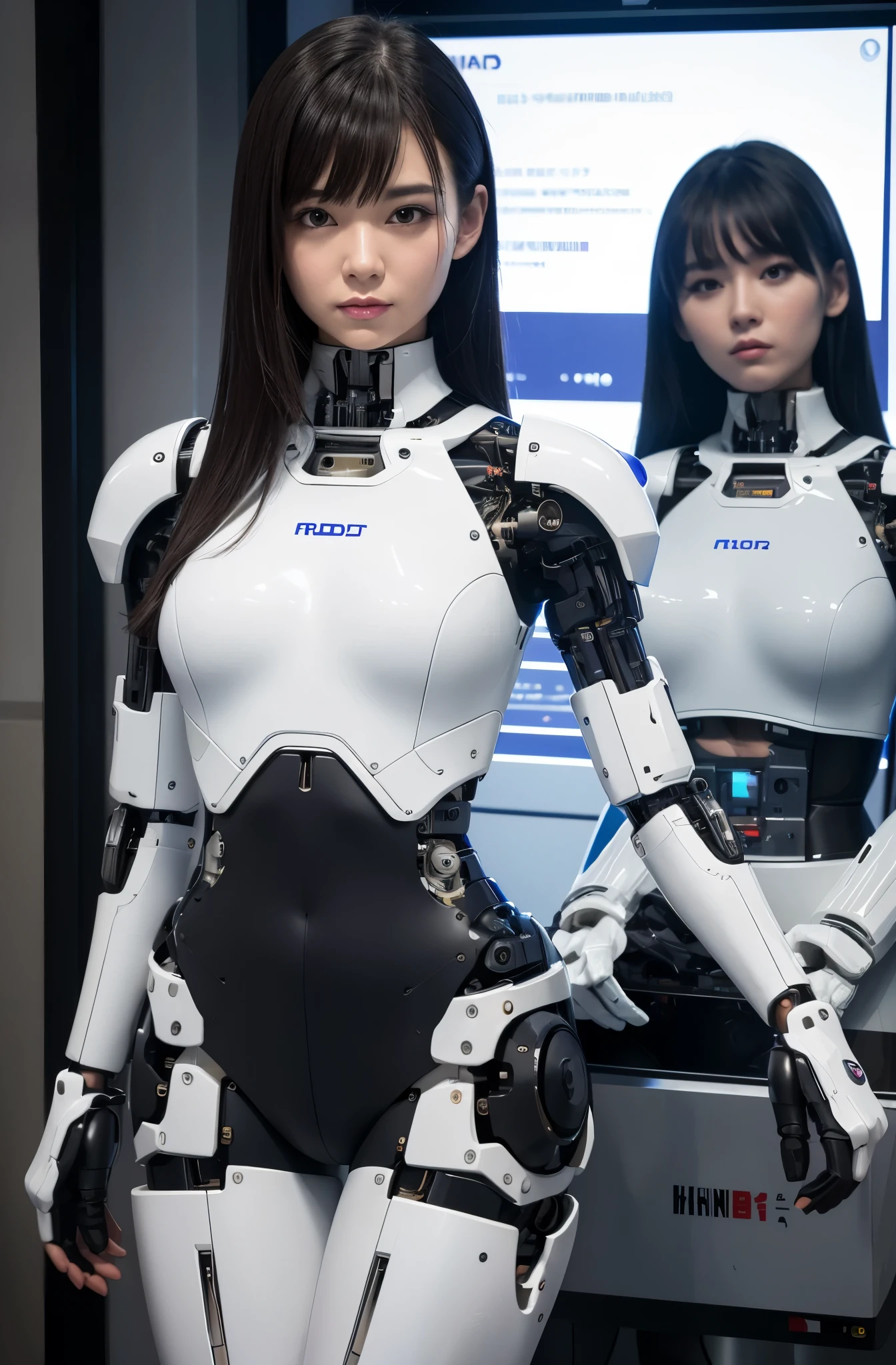 未来的な明るい白い重装甲ロボットスーツを着たgirlが写真を撮る、perfect android girl, gynoid cyborg body, perfect anime cyborg woman, beautiful female android!, female robot, Fully robotic!! girl, Cute cyborg girl, cyber suit, Girl wearing mecha cybernetic armor, cyber suit, beutiful white girl cyborg, beautiful female android, Beautiful girl cyborg、Cute cyborg girl with short bob hair、Beautiful android sculpture model、(laughter)、((Rounded, pure white armor))、(((Equipped with long sensor antennas on both ears)))、(((robot girl)))、(((Android girls)))、
