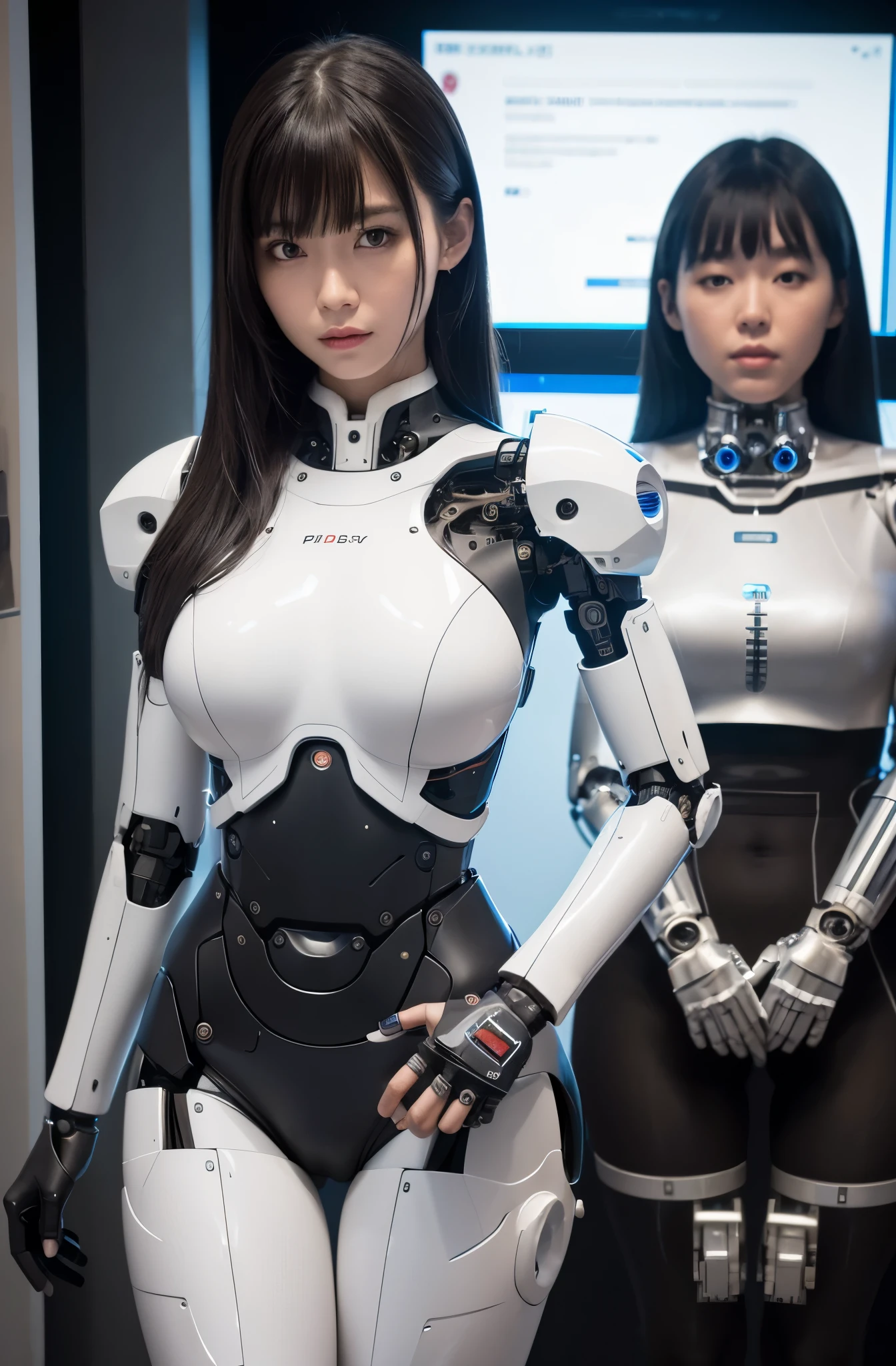 masterpiece, best quality, (photorealistic:1.4), (RAW photo)(8K, 4K, Best Quality, hight resolution, 超A high resolution:1.1), Japaese Cyborg Girl,Plump , announcer,control panels,android,Droid,Mechanical Hand, ,clothes with a sense of mechanical technology, Robot arms and legs, Black Robot Parts,Black hair,Mechanical body,Blunt bangs,White abdomen,White robotics parts,tube dress,perfect robot woman,perfect android woman, perfect mechanical woman,future laboratory,android factory,cyborg factory,robot factory,cyber pank,charging spot,long tube,thick cable connected her neck,bowing,maintainance her,repaired her,full eyes,dark black tights,a bit chubby