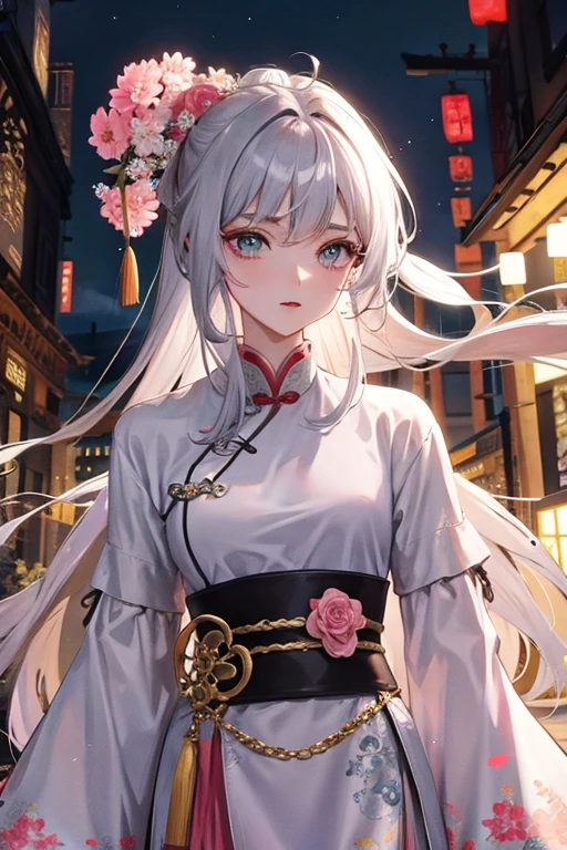 pink panty, Masterpiece, Best Quality, Night, Full Moon, 1 Girl, Mature Woman, Chinese Style, Ancient China, Sister, Royal Sister, Cold expression, expressionless face, Silver white long haired woman, Light pink lips, Calm, Intellectual, Three belts, Gray pupils, Assassin, Short knife, Flower ball background, Strolling in the street scenery