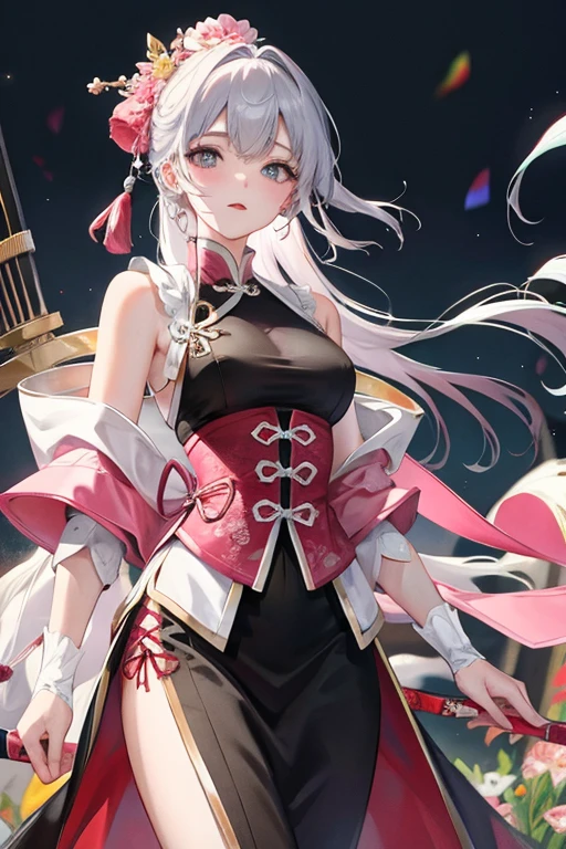 pink panty, Masterpiece, Best Quality, Night, Full Moon, 1 Girl, Mature Woman, Chinese Style, Ancient China, Sister, Royal Sister, Cold expression, expressionless face, Silver white long haired woman, Light pink lips, Calm, Intellectual, Three belts, Gray pupils, Assassin, Short knife, Flower ball background, Strolling in the street scenery