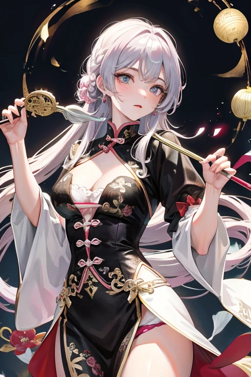 pink panty, Masterpiece, Best Quality, Night, Full Moon, 1 Girl, Mature Woman, Chinese Style, Ancient China, Sister, Royal Sister, Cold expression, expressionless face, Silver white long haired woman, Light pink lips, Calm, Intellectual, Three belts, Gray pupils, Assassin, Short knife, Flower ball background, Strolling in the street scenery