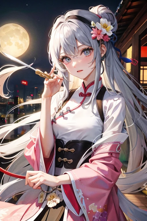 pink panty, Masterpiece, Best Quality, Night, Full Moon, 1 Girl, Mature Woman, Chinese Style, Ancient China, Sister, Royal Sister, Cold expression, expressionless face, Silver white long haired woman, Light pink lips, Calm, Intellectual, Three belts, Gray pupils, Assassin, Short knife, Flower ball background, Strolling in the street scenery