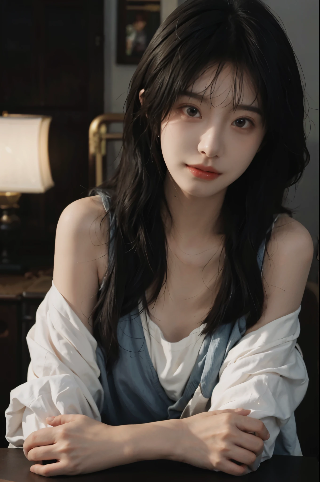 (realistic :1.5), official art, Unity 8k quality, Super details, Fine skin details, (angle), Texture, light, masterpiece, best picture quality,1 girl,giggle,curls,big eyes,Shoulder,in the darkness,deep shadow,clp style,backlight, rim light, national foundation,Mix 4,hanfu,real