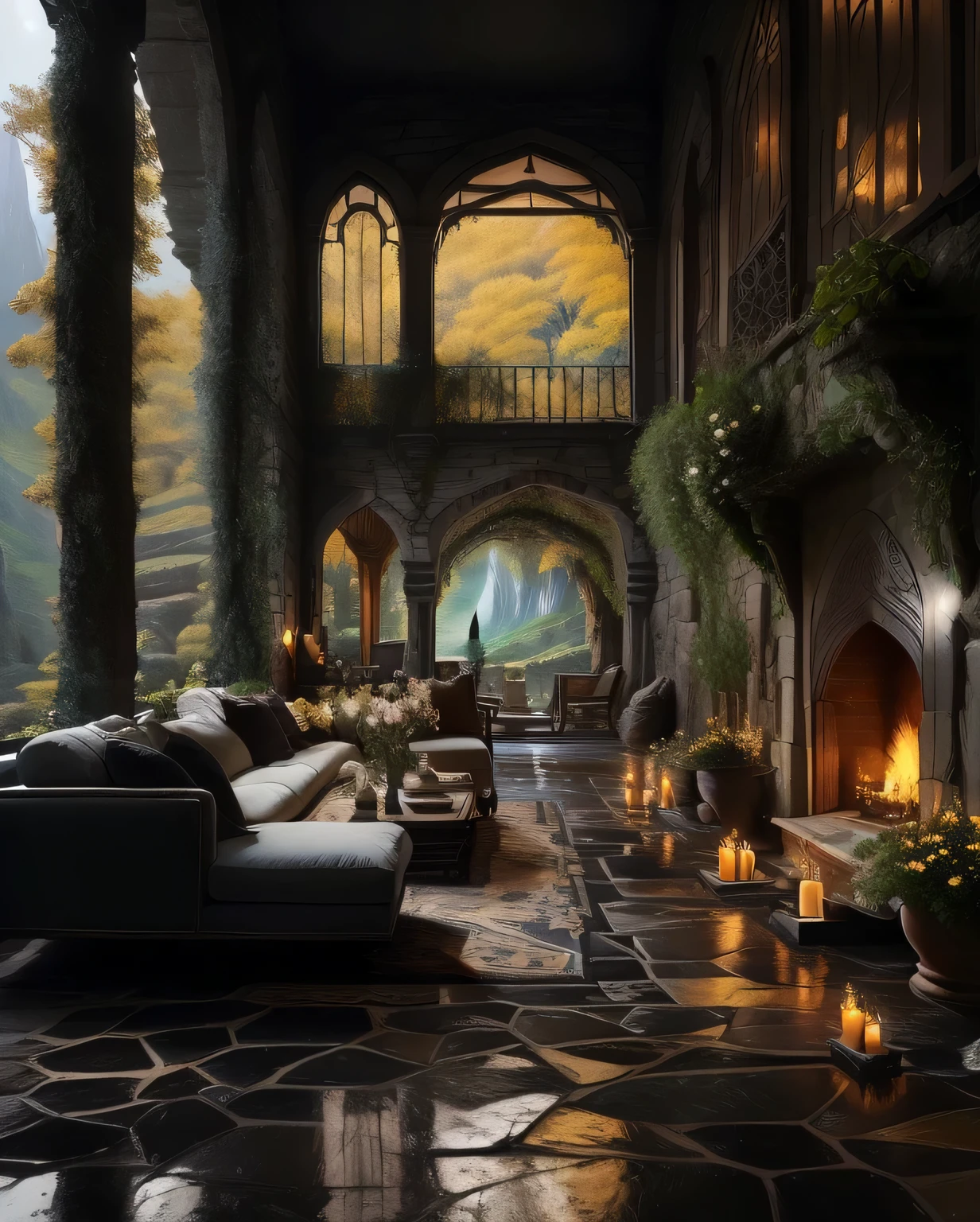 a view of a living room with a fireplace and a stone floor, cozy place, cozy and peaceful atmosphere, cosy atmoshpere, magical environment, beautiful terrace, very magical and dreamy, dreamy and detailed, beautiful and aesthetic, luxurious environment, beautiful ambiance, atmospheric beautiful details, beautiful place, cozy setting, dreamy atmosphere and drama, mix with rivendell architecture