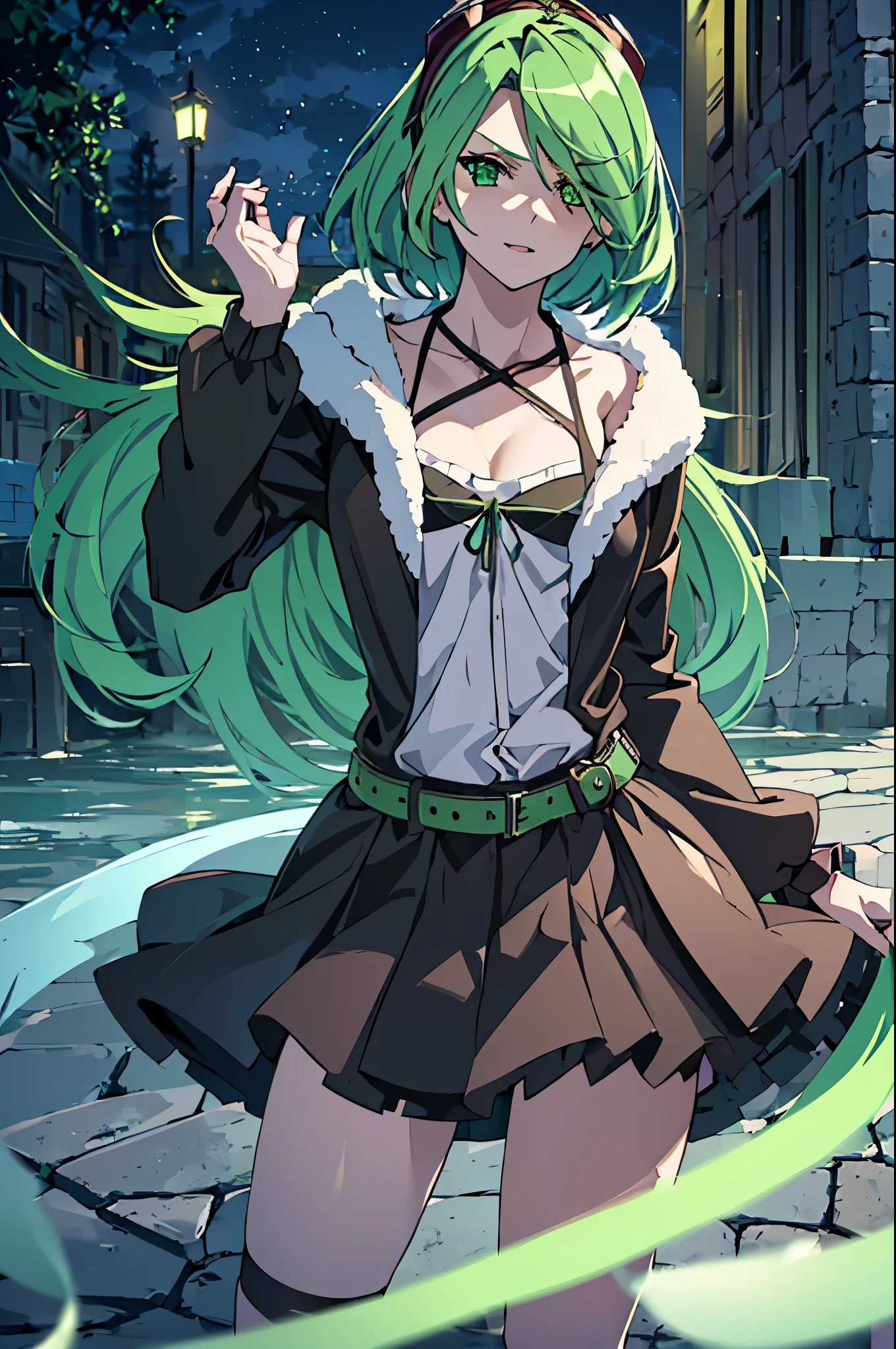 masterpiece, best quality, ((1girl)), (colorful), (finely detailed beautiful eyes and detailed face),cinematic lighting,body shot,extremely detailed CG unity 8k wallpaper, sky, cloudy_sky, building, moonlight, moon, night, (dark theme:1.3), light, fantasy, ((green Eyes)) (((green Hair))) ((Mischievous)) ((1girl)) ((Tomboy))