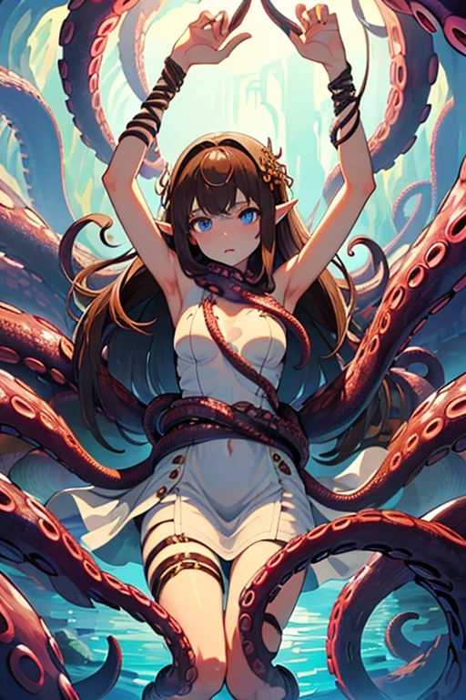 ((masterpiece)), ((best quality)), (ultra-detailed),(in the cave),(monster),(((many tentacles wrap arotnd the body))),a cute girl, 1girl, solo, (white girly dress),((many tentacles bound arms)), ((thin waist)),large breast, slim, slender,beautiful brown hair, beautiful blue eyes, (beautiful eyes), long hair,troubled expressio