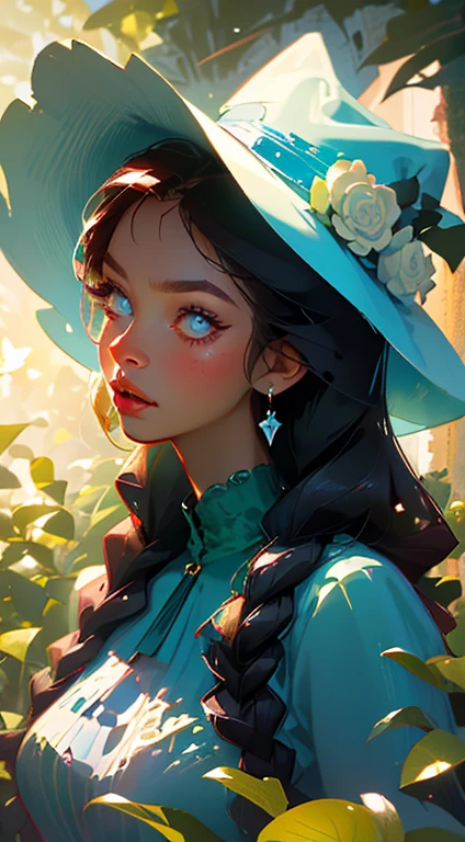 beautiful young woman, 2 long braids, thick bangs, dark hair, a lot of make-up, detailed eyes, detailed hair, detailed face, wearing round glasses, dark skin, portrait. face shot, long head, big nose, big lips, ebony skin, mischievous, blue eyes, wearing a cute blue tea party dress and a hat with blue roses, holding a teacup, full body view, slim girl, 16 years old, background is a botanical garden full of flowers, herbs, plants and butterflies, (natural skin textures、Hyper-Realism、Soft light、sharp)