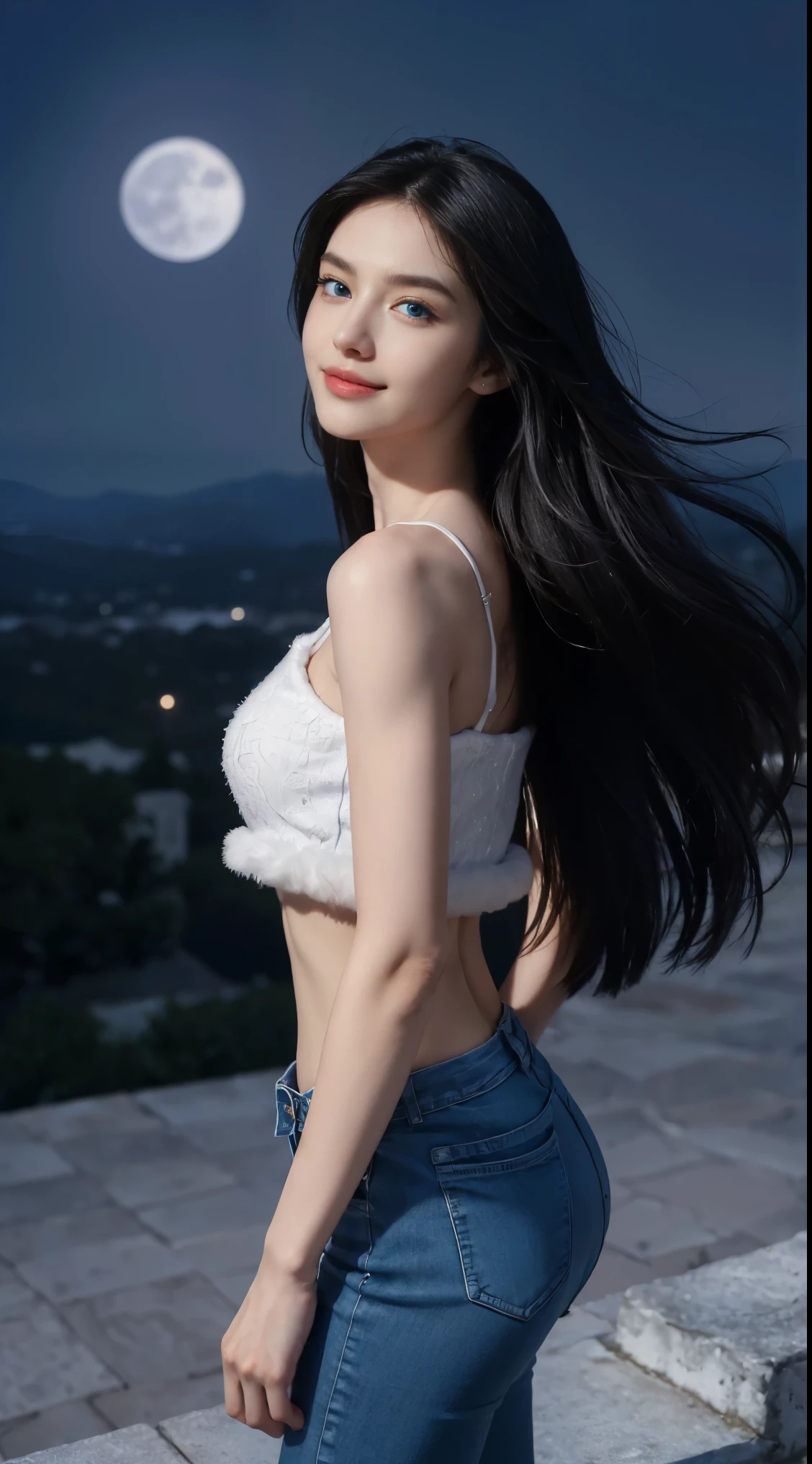 8K, Top Quality, Intricate Details, Ultra Detail, Ultra High Resolution, Masterpiece, random angle, Slender, Smile, (Makeup: 0.4), (Fluffy Blue Eyes: 1.21), blue Eyes, looking at viewer, ((full body)), 1girl, solo, 1 girl, (( full body)), close up shot, , ((tall)), (((fit body))), (((slim face))), sharp face, sharp eyes, (((black hair, long hair, )) , (detailed face), sharp face, small lips, windy ,
(( )), (crop top)), detailed face, detailed breast, , large breast, detail ass, , Beautiful girl with accentuated slender abs: 1.4, Six Pack Abs: 1.4, Bust Botox, Big, Perfect Body, detail leg, (( moonlight)), top of mountain