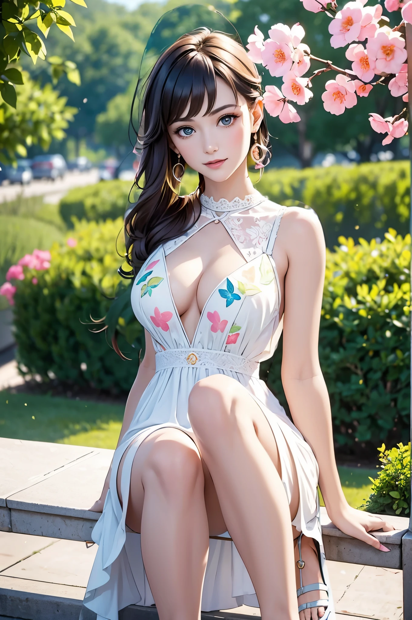 a girl in a summer dress,happy face,long curly hair,bright sunny day,green garden with colorful flowers,butterflies flying around,soft natural lighting,vivid colors,beautiful detailed eyes,dainty sandals,playful pose,medium:oil painting,warm color palette,ultra-detailed,best quality