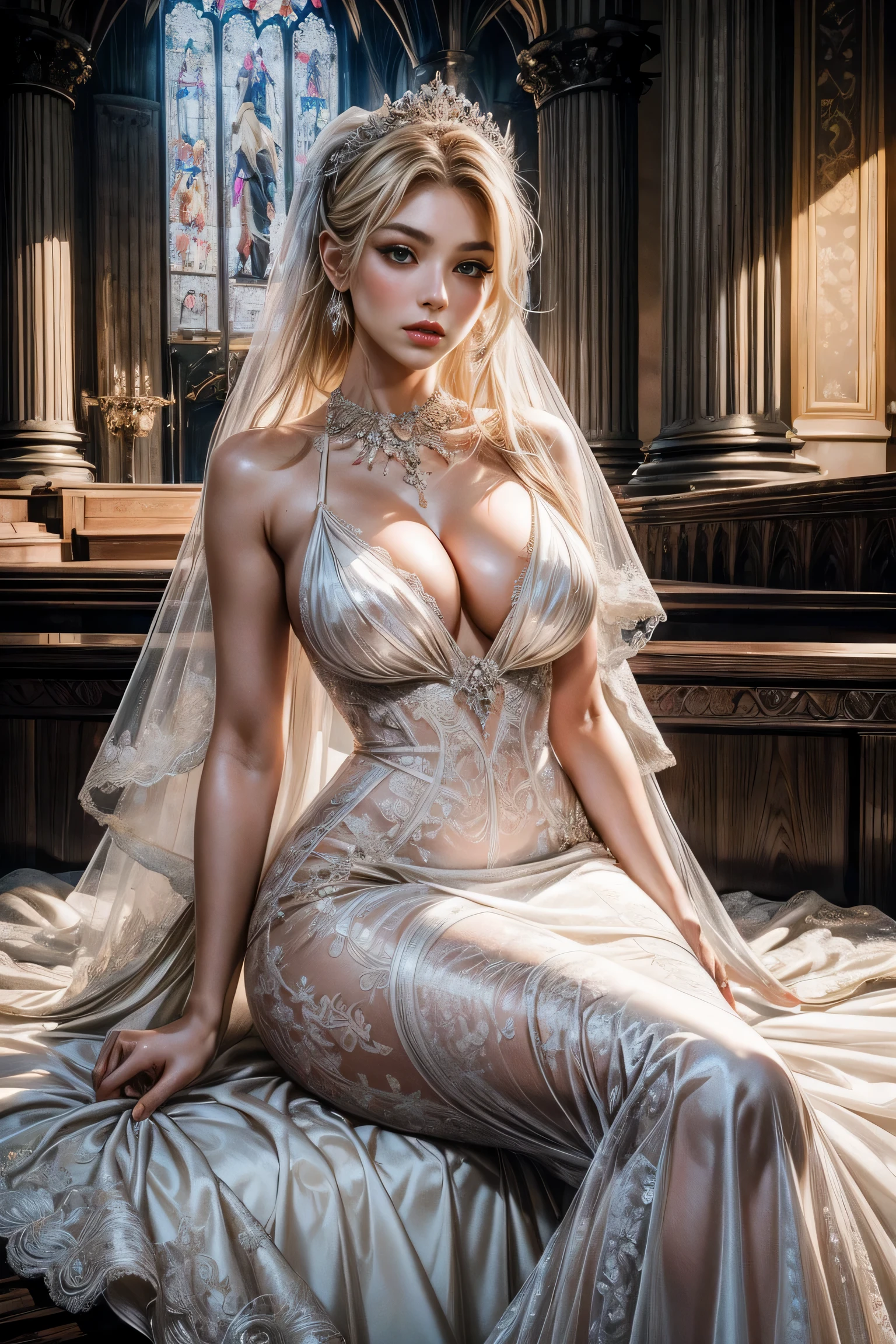 real photography，perfect masterpiece，Wedding photography，Asian perfect women，attractive woman，Supermodel body and shape，light blonde hair，clear hair，Careful hair texture（Premium hair details：1.1）Beautiful and exquisite的眉毛和睫毛，big eyes，light brown eyes，red lips，perfect lip shape，clear skin texture，hydrated skin（Advanced facial details：1.1）perfect face，South Korea&#39;Top supermodel，Supermodel body，perfect face，South Korea&#39;Top supermodel，Supermodel body，Golden ratio chart（Real and perfect body shape：1.1）,(Extremely exquisite and beautiful work:1.1)a very beautiful woman,Have perfect body proportions,Tight body lines,perfect body curves(Plump and large breasts),Extremely sexy water snake waist,Sexy peach buttocks,hydrated skin feeling,clear skin texture(Advanced skin details:1.1)，The optimal ratio of four fingers to one thumb.Beautiful and exquisite,Feet with perfectly proportioned thighs and calves,,Royal sister style,Royal Sister Series,Pronovias ：Spanish Romantic Mermaid Wedding Dress，Dresridal Boy wearing a high-end mermaid wedding dress，Wear black strappy high heels，wear necklace，ear nipple ring，jewelry，jewelry，indoors，Ancient style church，ancient decorated church，noble, Brilliant light, expensive paintings,full-body shot，High end wedding art，South Korean model works，high quality work，the most perfect masterpiece：1.1
