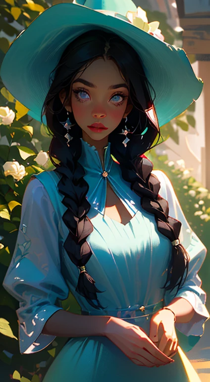 beautiful young woman, 2 long braids, thick bangs, dark hair, a lot of make-up, detailed eyes, detailed hair, detailed face, wearing round glasses, dark skin, portrait. face shot, long head, big nose, big lips, ebony skin, mischievous, blue eyes, wearing a cute blue tea party dress and a hat with blue roses, holding a teacup, full body view, slim girl, 16 years old, background is a botanical garden full of flowers, plants and butterflies, (natural skin textures、Hyper-Realism、Soft light、sharp)