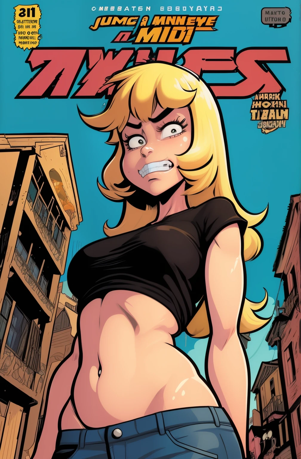 (((Comic style, Cartoon art))) , MayK,blonde hair,buck teeth,black eyes,
red short, white shirt, navel, arms behind back, from below,
standing, upper body, navel,
outdoors, neighborhood, morning,
(insanely detailed, beautiful detailed face, masterpiece, best quality)