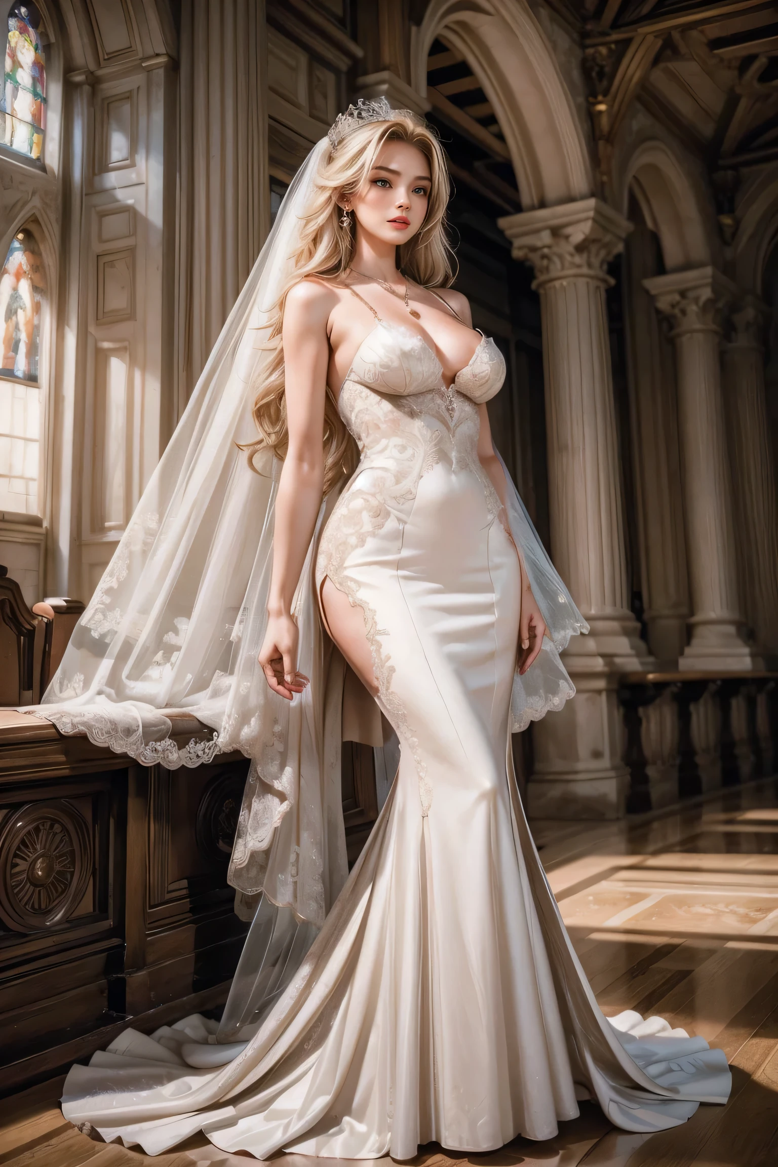 real photography,perfect masterpiece,Wedding photography,Asian perfect women,attractive woman,Supermodel body and shape,light blonde hair,clear hair,Careful hair texture(Premium hair details:1.1)Beautiful and exquisite的眉毛和睫毛,big eyes,light brown eyes,red lips,perfect lip shape,clear skin texture,hydrated skin(Advanced facial details:1.1)perfect face,South Korea'Top supermodel,Supermodel body,perfect face,South Korea'Top supermodel,Supermodel body,Golden ratio chart(Real and perfect body shape:1.1),(Extremely exquisite and beautiful work:1.1)a very beautiful woman,Have perfect body proportions,Tight body lines,perfect body curves(Plump and large breasts),Extremely sexy water snake waist,Sexy peach buttocks,hydrated skin feeling,clear skin texture(Advanced skin details:1.1),The optimal ratio of four fingers to one thumb.Beautiful and exquisite,Feet with perfectly proportioned thighs and calves,,Royal sister style,Royal Sister Series,Pronovias :Spanish Romantic Mermaid Wedding Dress,Dresridal Boy wearing a high-end mermaid wedding dress,Wear black strappy high heels,wear necklace,ear nipple ring,jewelry,jewelry,indoors,Ancient style church,ancient decorated church,noble, Brilliant light, expensive paintings,full-body shot,High end wedding art,South Korean model works,high quality work,the most perfect masterpiece:1.1