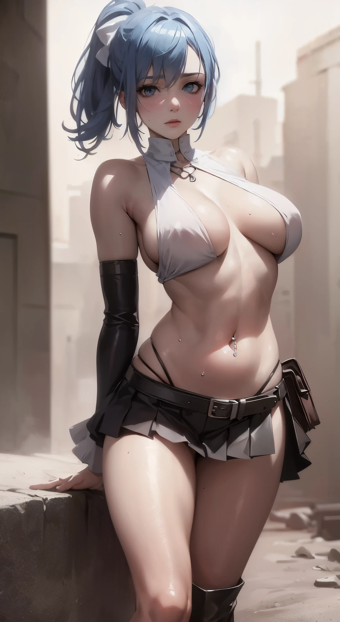 ((masterpiece, best_quality)), (photorealistic:1.4), cinematic, model pose, dynamic lighting, high contrast, shadow, solo, 1 girl, ruin_background, blue_hair, short_hair, ponytail, zettai_ryouiki,(white long-big ribbon accessories at the back of head), (mustard camisole with sleeves rolled), dusty pink mini pleated skirt with a slit), outline nipple can be seen through the clothes, areola bulge, high cut heels boots, belly,shiny skin, sweaty skin, nose blush, belt underboob, underboobs, metal arms band,navel piercing, belly necklace, belly piercing, nsfw