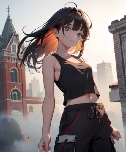 dance、Artistic jumps、break dance、Strenuous movements、brick building、Meiji era architecture、Western-style building、brick、solo、fluttering hair、Beautiful woman, small face、white skin、17 years old、bright smile、(Gradient color of black red hair、middle、messy long hair)、(cargo pants、Tank top、white sneakers)、(Masseter muscle part:1.3)、(In 8K、highest quality: 1.4、masterpiece、 Ultra - High resolution、 highest resolution,、very detailed、 professional lighting、 Gray Light Lighting、Low angle from below、Blowing steam into the landscape、Fog in the landscape、foggy(Perfect beautiful right hand、Left arm、beautiful fingertips、Thin fingertips、Refers to 4 books、thumb1)