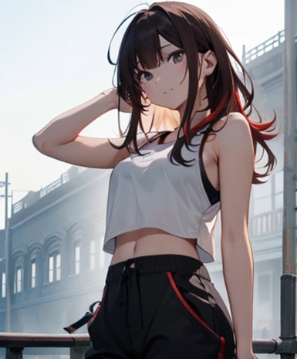 dance、Artistic jumps、break dance、Strenuous movements、brick building、Meiji era architecture、Western-style building、brick、solo、fluttering hair、Beautiful woman, small face、white skin、17 years old、bright smile、(Gradient color of black red hair、middle、messy long hair)、(cargo pants、Tank top、white sneakers)、(Masseter muscle part:1.3)、(In 8K、highest quality: 1.4、masterpiece、 Ultra - High resolution、 highest resolution,、very detailed、 professional lighting、 Gray Light Lighting、Low angle from below、Blowing steam into the landscape、Fog in the landscape、foggy(Perfect beautiful right hand、Left arm、beautiful fingertips、Thin fingertips、Refers to 4 books、thumb1)