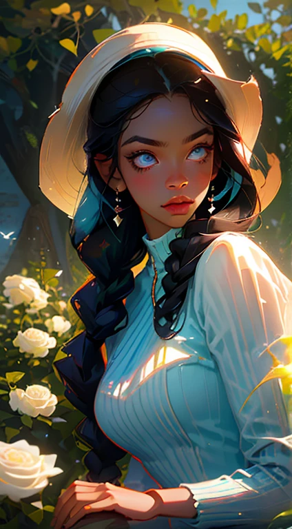 beautiful young woman, 2 long braids, thick bangs, dark hair, a lot of make-up, detailed eyes, detailed hair, detailed face, wearing round glasses, dark skin, portrait. face shot, long head, big nose, big lips, ebony skin, mischievous, blue eyes, wearing a cute blue tea party dress and a hat with blue roses, holding a teacup, full body view, slim girl, 16 years old, background is a botanical garden full of flowers, plants and butterflies, (natural skin textures、Hyper-Realism、Soft light、sharp)