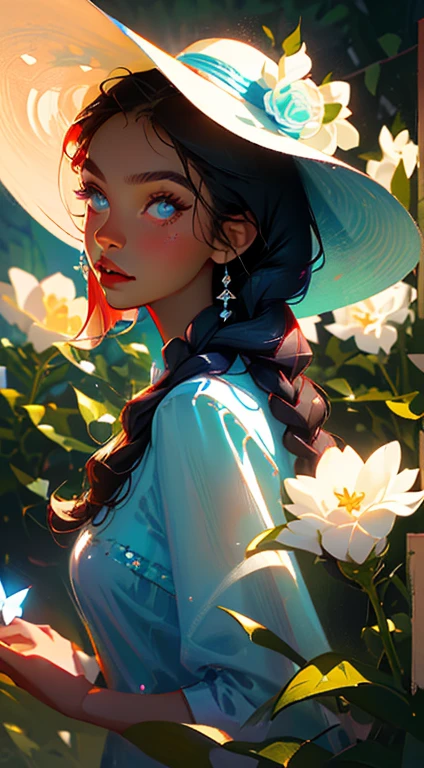 beautiful young woman, 2 long braids, thick bangs, dark hair, a lot of make-up, detailed eyes, detailed hair, detailed face, wearing round glasses, dark skin, portrait. face shot, long head, big nose, big lips, ebony skin, mischievous, blue eyes, wearing a cute blue tea party dress and a hat with blue roses, holding a teacup, full body view, slim girl, 16 years old, background is a botanical garden full of flowers, plants and butterflies, (natural skin textures、Hyper-Realism、Soft light、sharp)