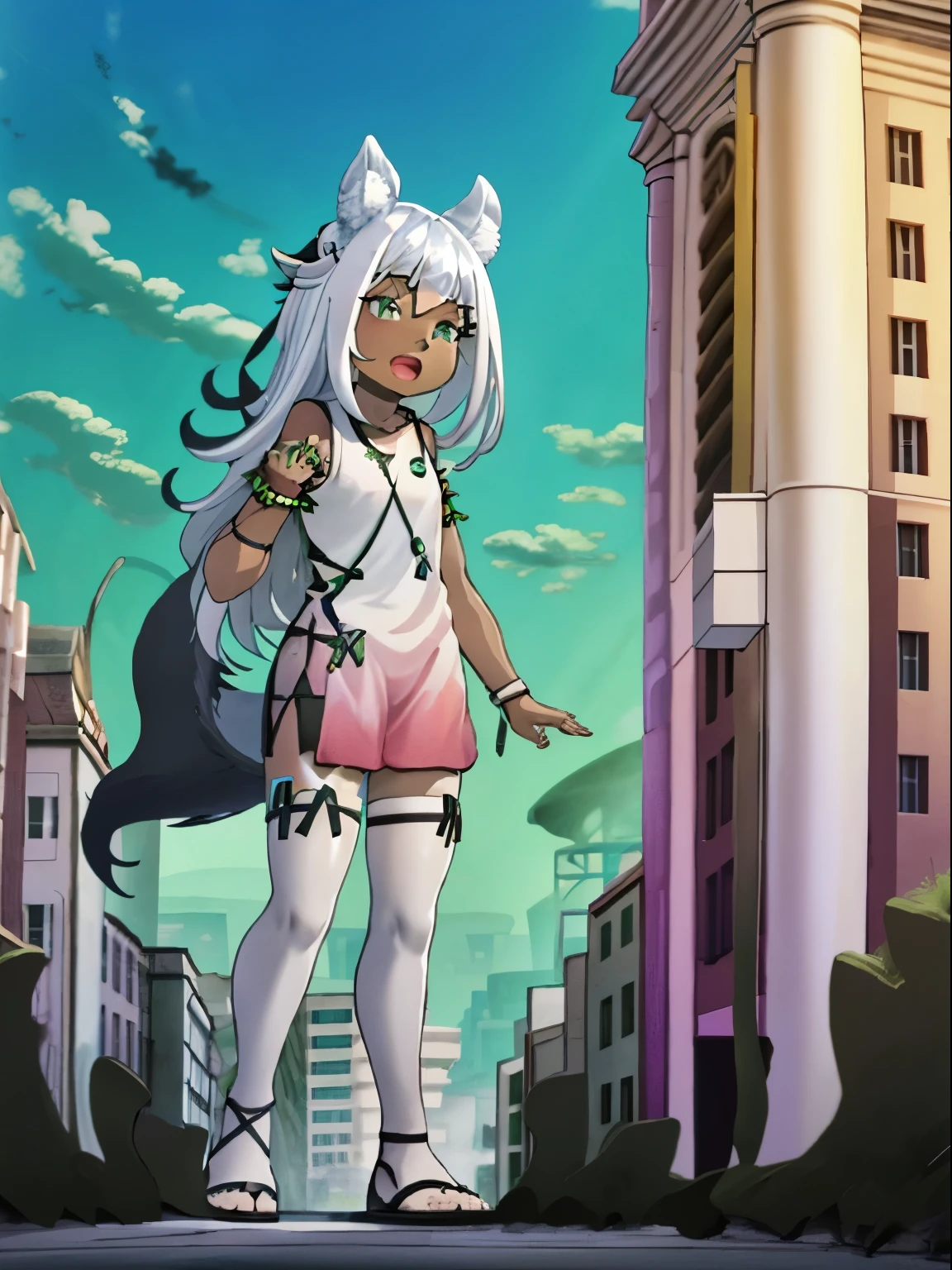 Ochette, girl, dark skin, white hair, green eyes, giantess, huge, small viewer, 70 ft tall, cute, full body, best quality, pink dress, metal bracelets, larger than buildings, flat ground, street, ground visible, black shorts, wearing shorts, adorable, kind, gentle, empty hands, small build, slim, curious, detailed mouth, size difference, standing over skyscrapers, sandals, tiny city, socks, loose clothes, perfect proportions, wolf tail