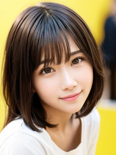 masterpiece, highest quality, 8K, disorganized, (Upper body:1.4), white shirt, beautiful girl, cute face, looking at the viewer, smile, surreal, High resolution, photograph, film grain, chromatic aberration, sharp focus, HDR, face light, dynamic lighting, cinematic lighting, professional shadow, simple background, (dull yellow background:1.4), most detailed, very detailed, Super detailed, finely, real skin, delicate features, detailed face and eyes, sharp pupils, realistic student、smile、photographのためにポーズをとる赤い髪と黒い制服を着たスタイルの女性