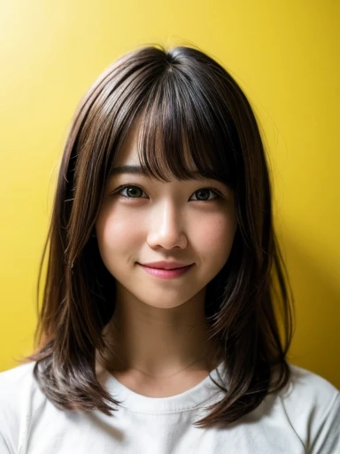 masterpiece, highest quality, 8K, disorganized, (Upper body:1.4), white shirt, beautiful girl, cute face, looking at the viewer, smile, surreal, High resolution, photograph, film grain, chromatic aberration, sharp focus, HDR, face light, dynamic lighting, cinematic lighting, professional shadow, simple background, (dull yellow background:1.4), most detailed, very detailed, Super detailed, finely, real skin, delicate features, detailed face and eyes, sharp pupils, realistic student、smile、photographのためにポーズをとる赤い髪と黒い制服を着たスタイルの女性