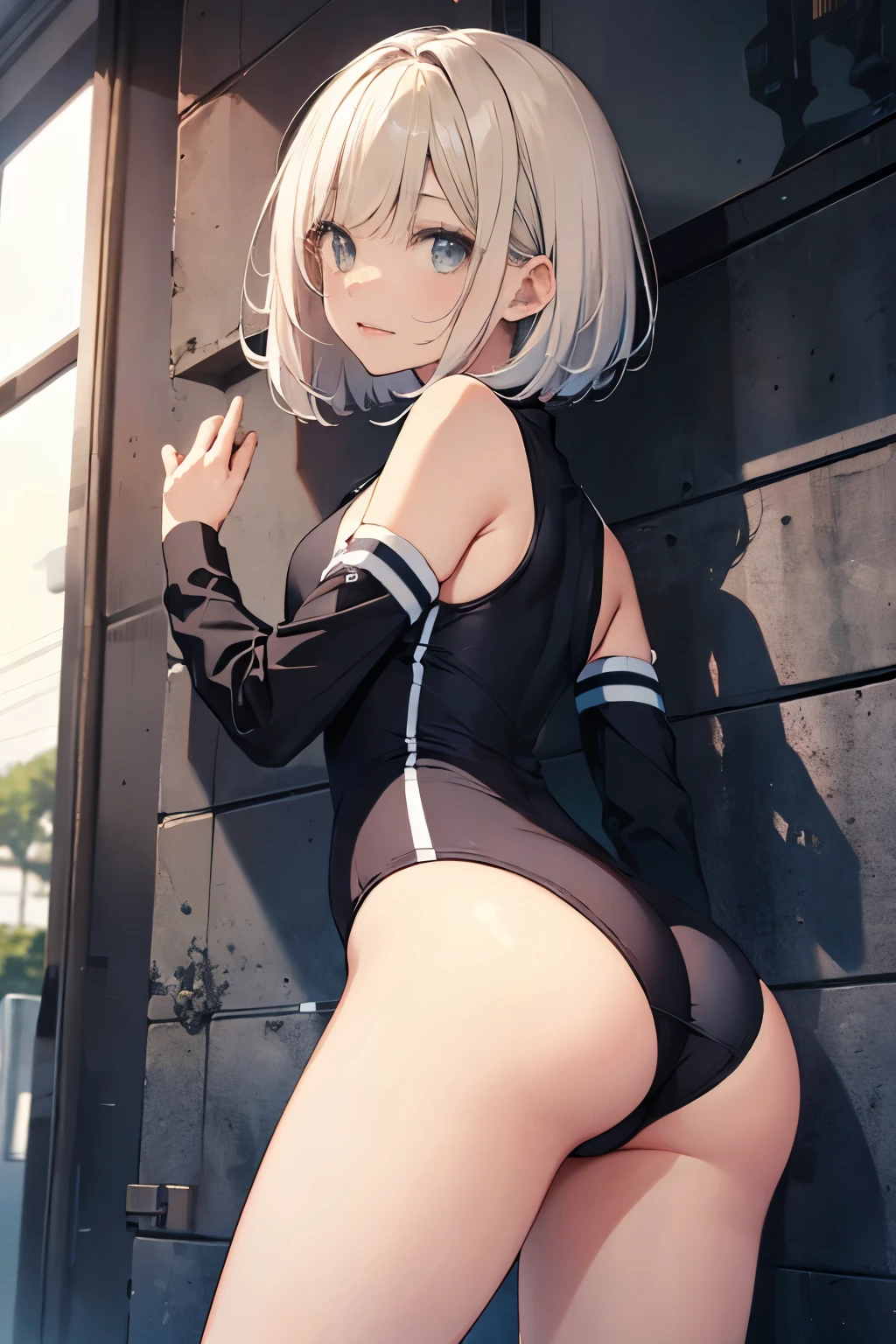High quality、highest quality、complete limbs、Ultra high definition、Sparkling eyes、Full hands and fingers、slender beauty、bob cut、Wearing a school swimsuit、shiny skin、butt angle