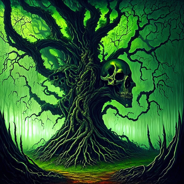a monster,(((tree))),(tree monster),solo,moving twisted tree with skeletons,many skulls,dead rotting skin on the face,detailed rotting peeling dead skin,full body view,(in the dark green forest),overgrown tomb,woodland cemetery,dark cursed forest,nocturnal environment,scary atmosphere,menacing tree branches,withered leaves,haunted environment,distorted reality,dark and gloomy colors,gothic art style,oil painting