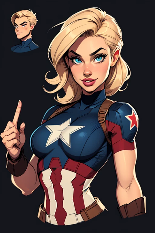 (cartoon style:1.2), Drawings of ([Captain America]), perfect eyes, detailed face, black background, fun posing, flirty look, Centered, scale to fit the dimensions