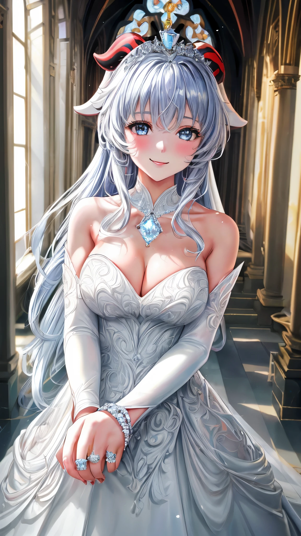 ,(8k, RAW photo, best quality, masterpiece: 1.2), ultra-definition, ultra-high resolution, high-definition RAW color photo, professional photo, very delicate and beautiful, detailed image,church, one beautiful woman, bursting smile, beautiful woman staring at me, (whole body portfolio: 1.5), beautiful woman: 1.2, beautiful eyes break Wearing a pure white A-line wedding dress: 1.5 Holding a bouquet of white roses: 1.2 (tiara: 1.2), ((diamond engagement ring on left ring finger: 1.5)) break beautiful fingers, pale pink mouth,beautiful skin, slender figure, shapely chest, narrow waist,ganyu,long hair, horns